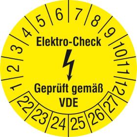 Pr&uuml;fplakette Elektro-Check - Gepr&uuml;ft gem&auml;&szlig; VDE gelb/schwarz - Bild vergr��ern